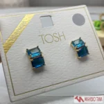 گوشواره میخی طلایی با سنگ آبی دو ردیفه – برند TOSH - Image 2